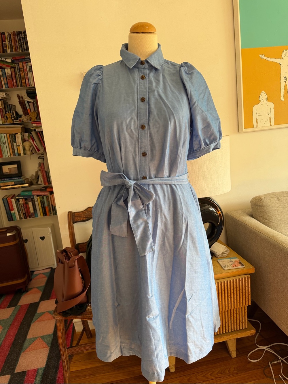 Ann Taylor Light Blue Puff-Sleeve Midi Shirt Dress with Tie Waist